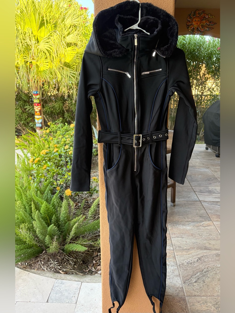 NWT WE WORE WHAT Jet Black Ski Suit Silver Zippers Fur Hood SZ S